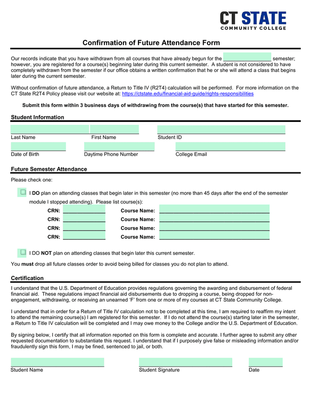 Confirmation Of Future Attendance Form screenshot