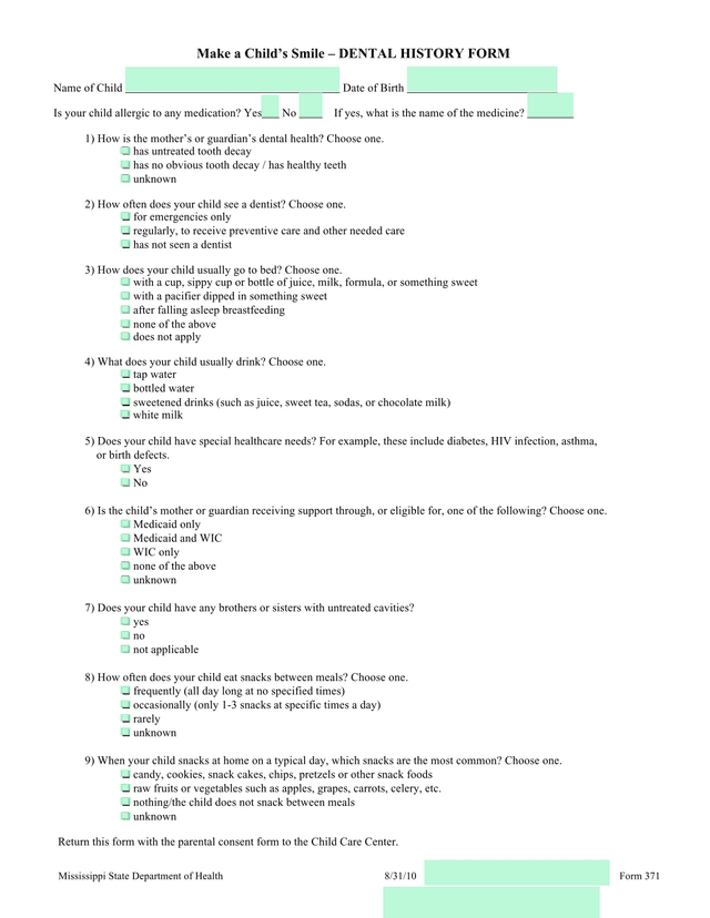 Make A ChildS Smile  DENTAL HISTORY FORM screenshot