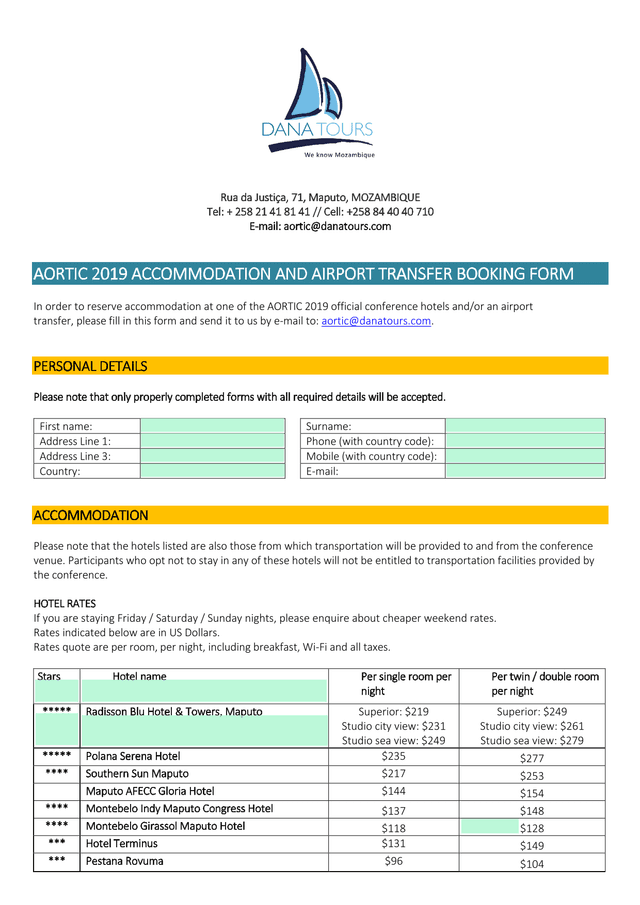 AORTIC 2019 Accommodation And Airport Transfer Booking Form screenshot