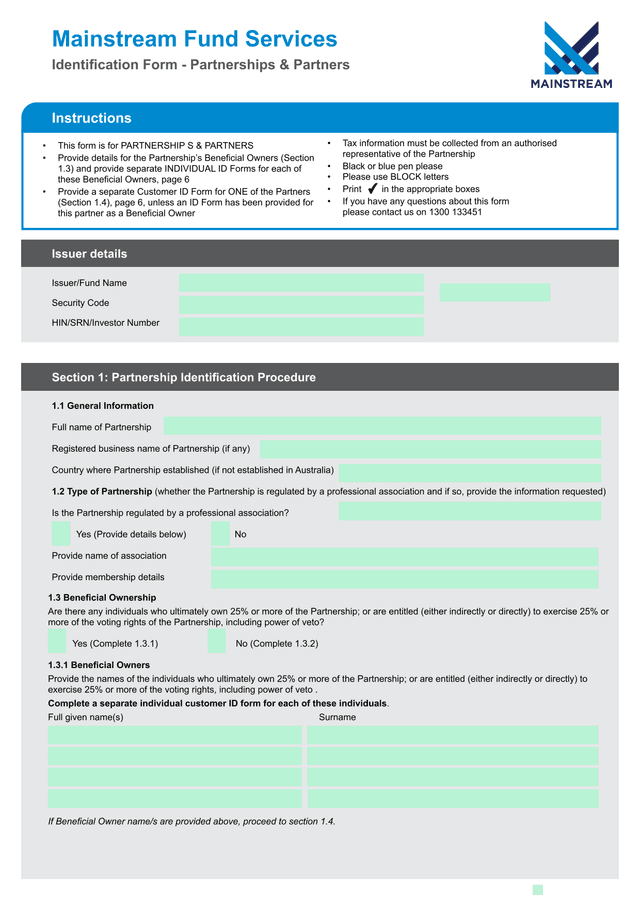 Mainstream Fund Services Identification Form   Partnerships  Partners screenshot