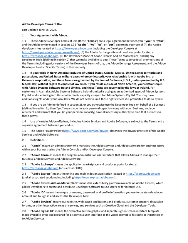 Adobe Developer Terms Of Use screenshot