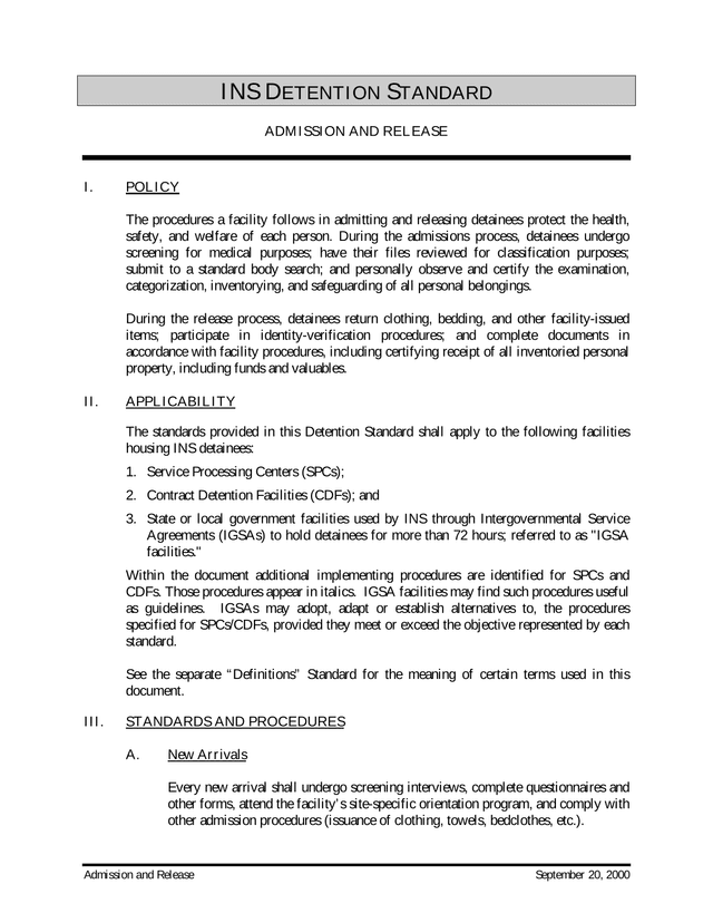 INS Detention Standard Admission And Release screenshot