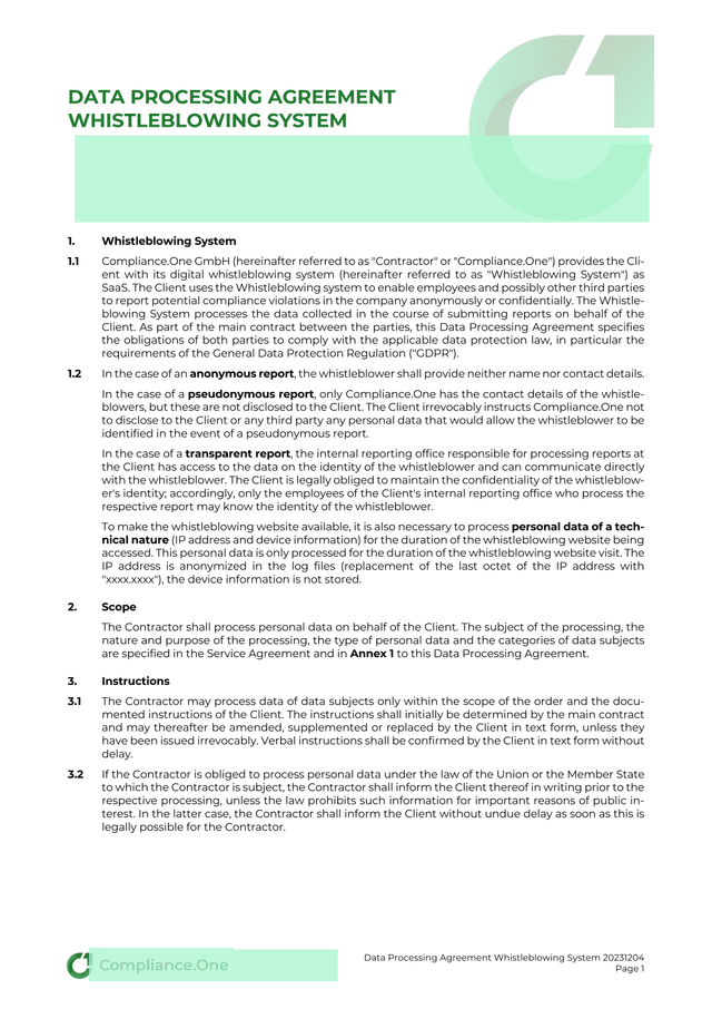 Data Processing Agreement Whistleblowing System screenshot