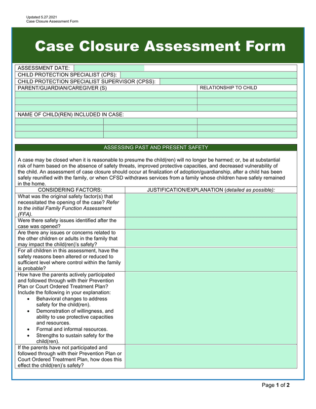 Case Closure Assessment Form screenshot