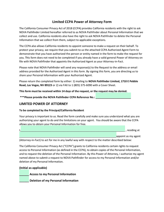 Limited CCPA Power Of Attorney Form screenshot