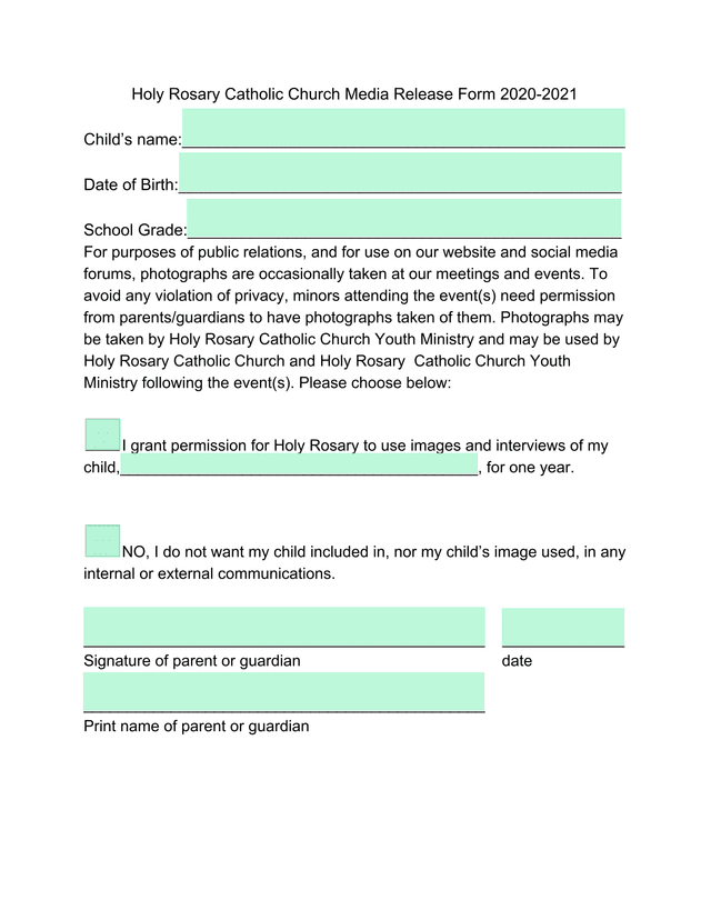 Holy Rosary Catholic Church Media Release Form 2020 2021 screenshot