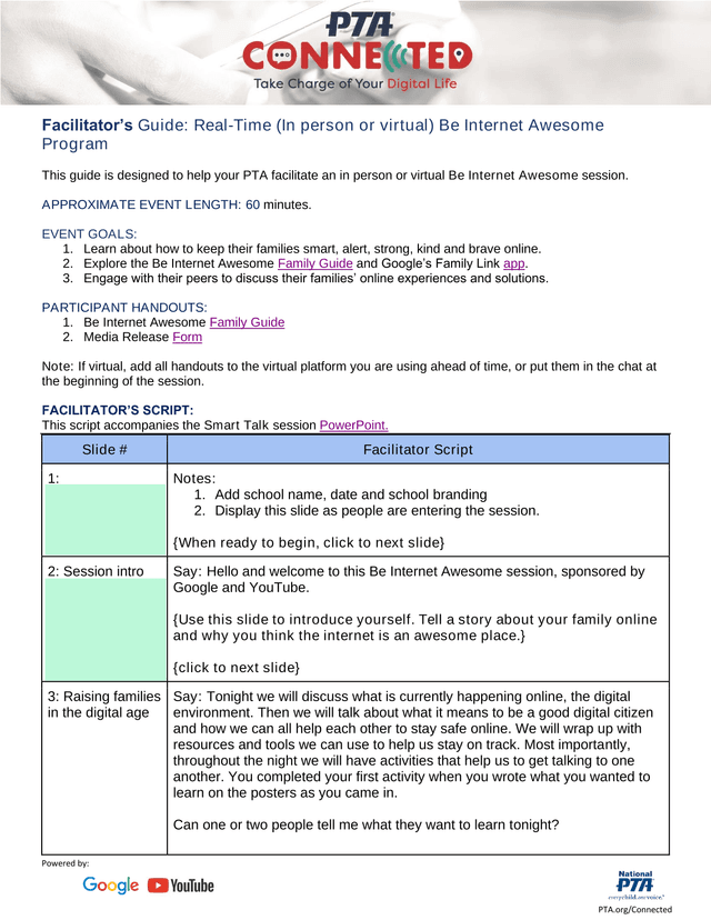 FacilitatorS Guide Real Time (In Person Or Virtual) Be Internet Awesome Program screenshot