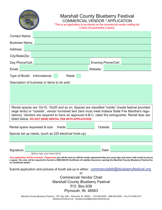 Marshall County Blueberry Festival Commercial Vendor Application screenshot
