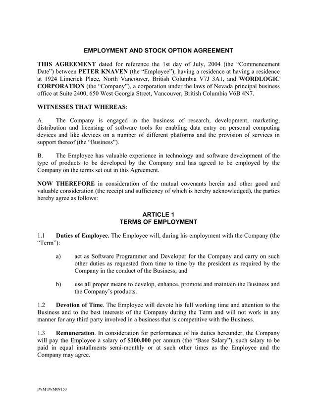 Employment And Stock Option Agreement screenshot