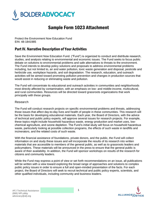 Sample Form 1023 Attachment screenshot