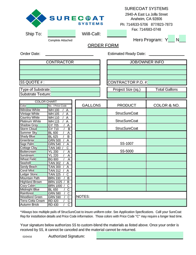 SURECOAT SYSTEMS ORDER FORM screenshot