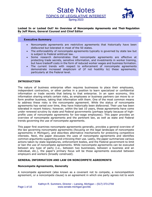 Locked In Or Locked Out An Overview Of Noncompete Agreements And Their Regulation screenshot