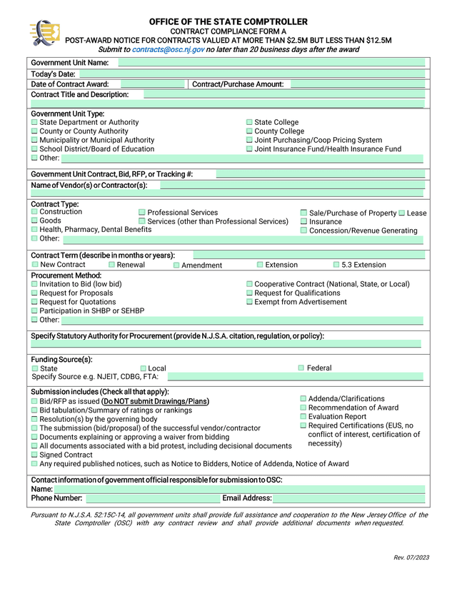 Government Unit Contract Submission Form screenshot