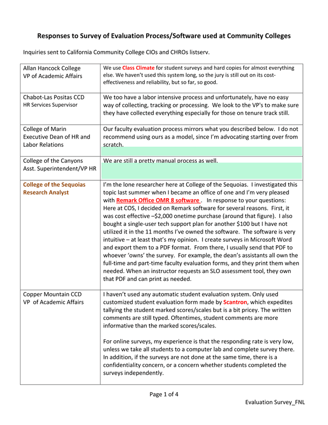 Evaluation Survey FNL screenshot