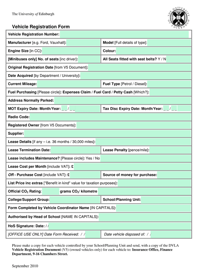 Vehicle Registration Form screenshot
