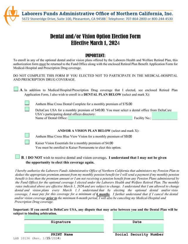 Dental AndOr Vision Option Election Form screenshot