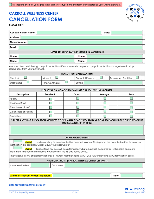 CANCELLATION FORM screenshot