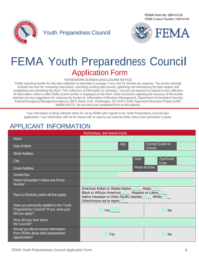 FEMA Youth Preparedness Council Application Form screenshot
