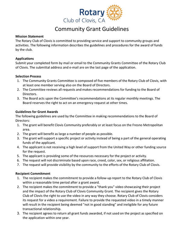 Community Grant Guidelines screenshot