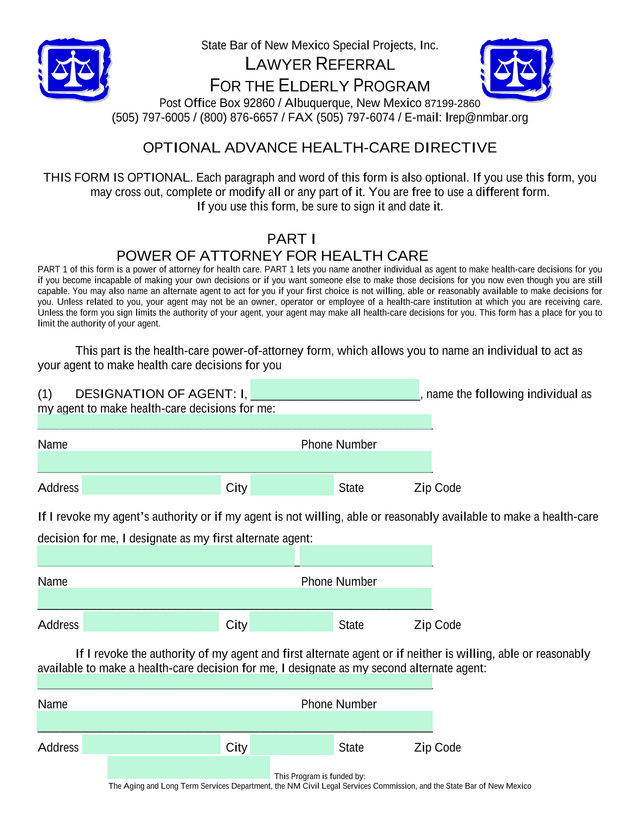 Optional Advance Health Care Directive screenshot