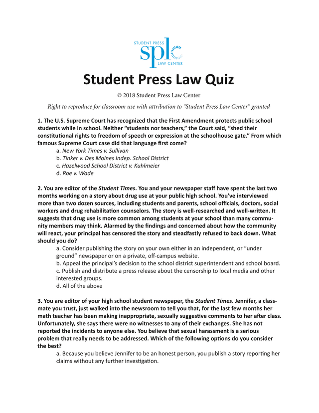 Student Press Law Quiz screenshot