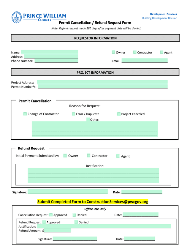 Permit Cancellation  Refund Request Form screenshot