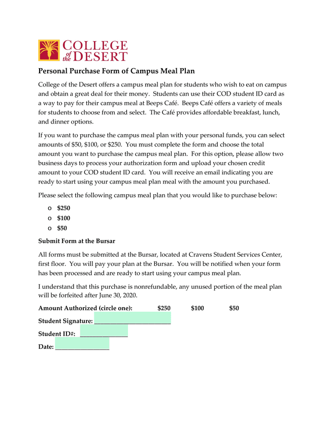 Personal Purchase Form Of Campus Meal Plan screenshot