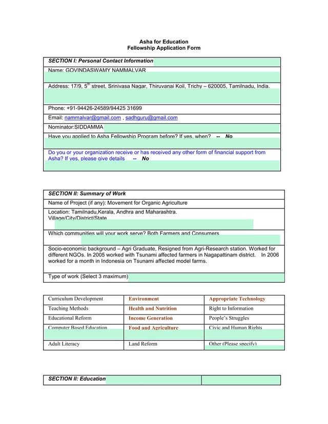 Asha For Education Fellowship Application Form screenshot