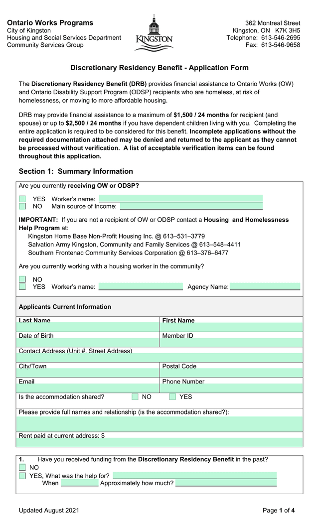 Discretionary Residency Benefit   Application Form screenshot