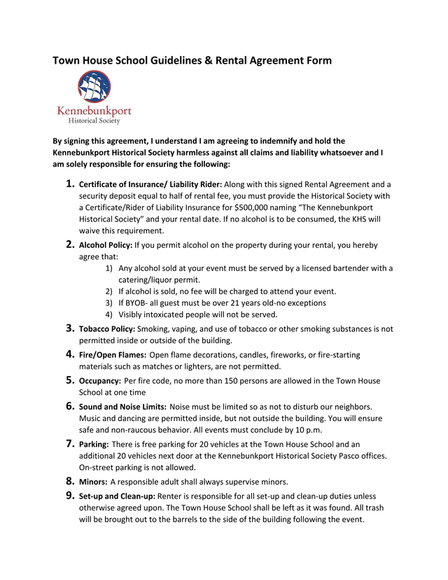 Town House School Guidelines  Rental Agreement Form screenshot