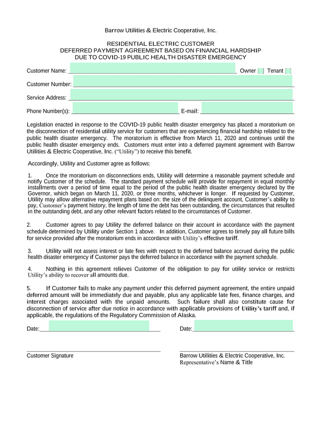 Residential Electric Customer Deferred Payment Agreement screenshot