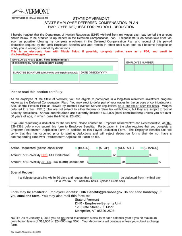 STATE OF VERMONT STATE EMPLOYEE DEFERRED COMPENSATION PLAN EMPLOYEE REQUEST FOR PAYROLL DEDUCTION screenshot