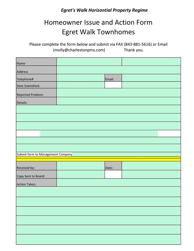 Homeowner Issue And Action Form screenshot