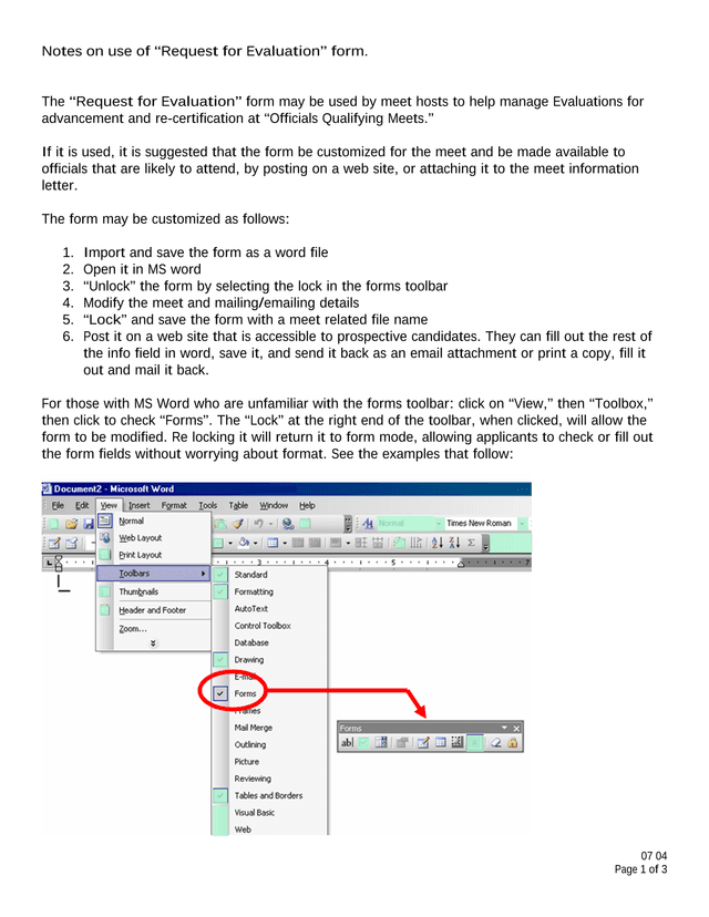 Request For Evaluation Form screenshot