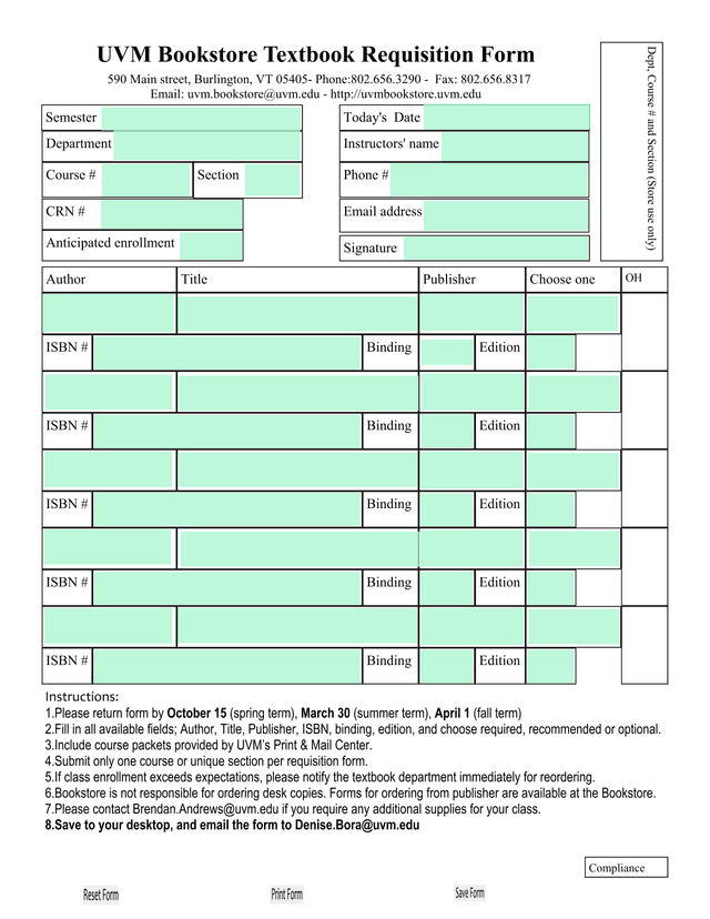 UVM Bookstore Textbook Requisition Form screenshot