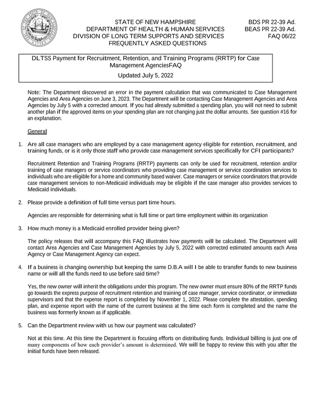 DLTSS Payment For Recruitment, Retention, And Training Programs (RRTP) FAQ screenshot