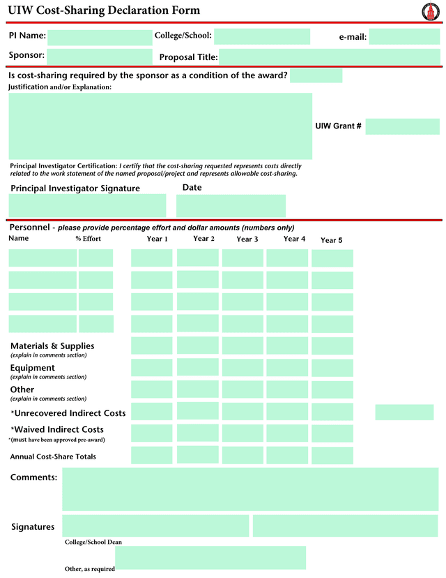 UIW Cost Sharing Declaration Form screenshot