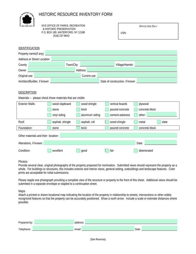 Historic Resource Inventory Form screenshot