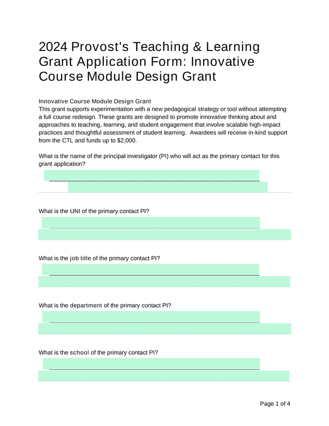 2024 ProvostS Teaching  Learning Grant Application Form Innovative Course Module Design Grant screenshot
