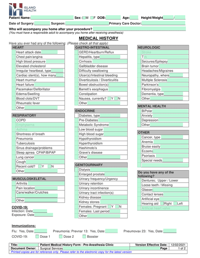 Patient Medical History Form   Pre Anesthesia Clinic screenshot