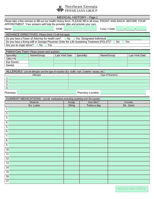 Health History Form screenshot