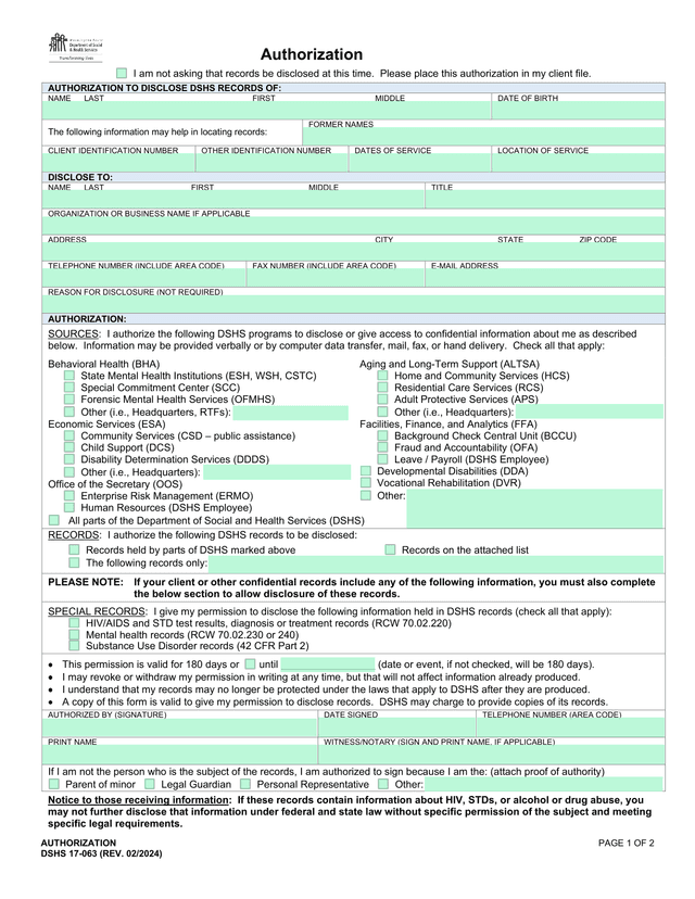 Authorization To Disclose DSHS Records screenshot