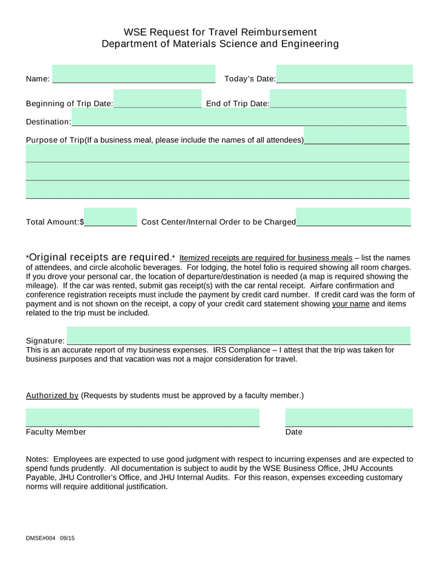 WSE Request For Travel Reimbursement screenshot