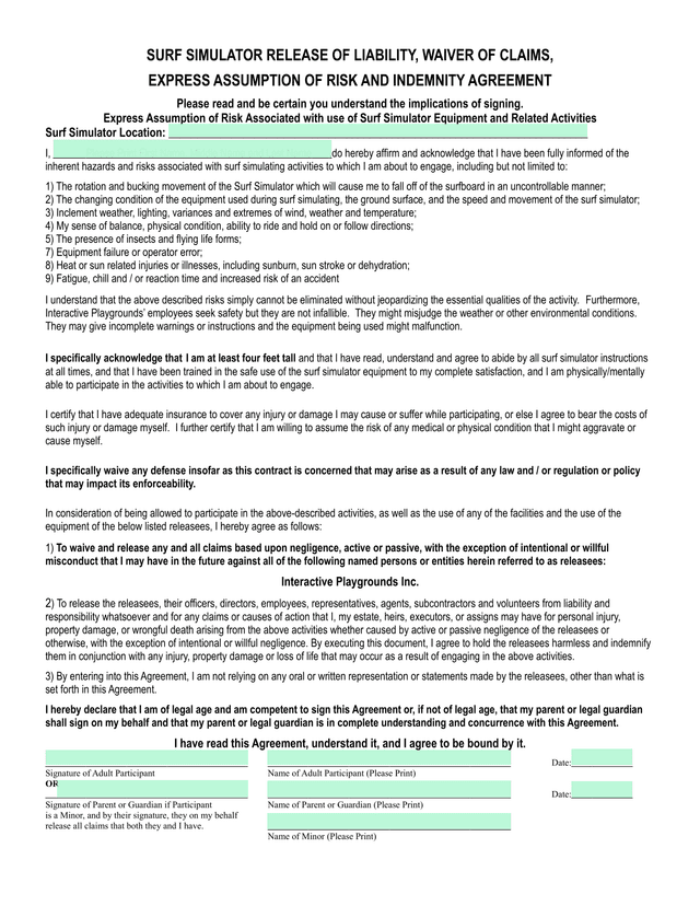 SURF SIMULATOR RELEASE OF LIABILITY, WAIVER OF CLAIMS, EXPRESS ASSUMPTION OF RISK AND INDEMNITY AGRE screenshot