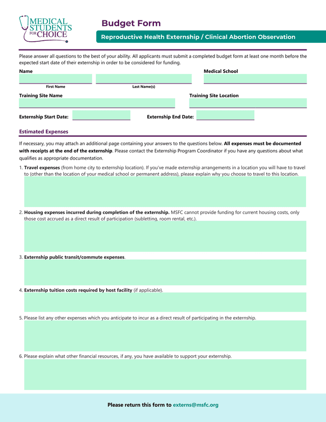 Budget Form   Reproductive Health Externship  Clinical Abortion Observation screenshot