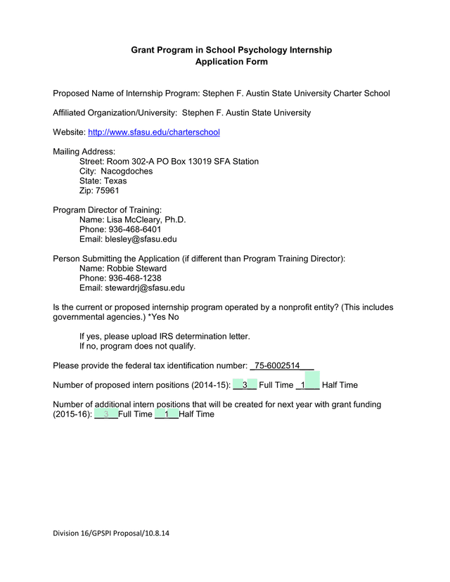 Grant Program In School Psychology Internship Application Form screenshot