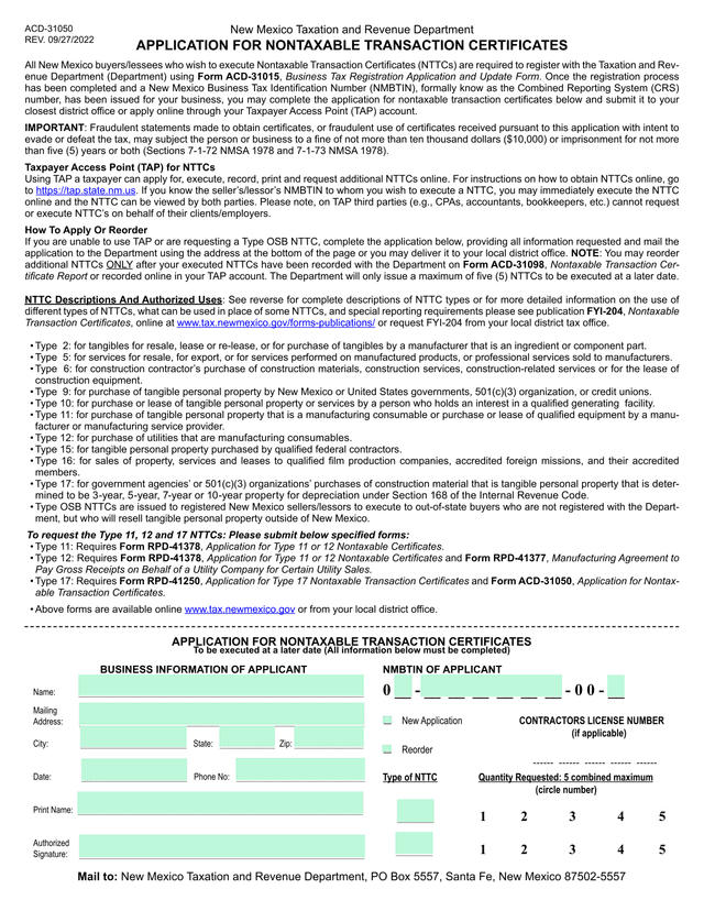 Application For Nontaxable Transaction Certificates screenshot