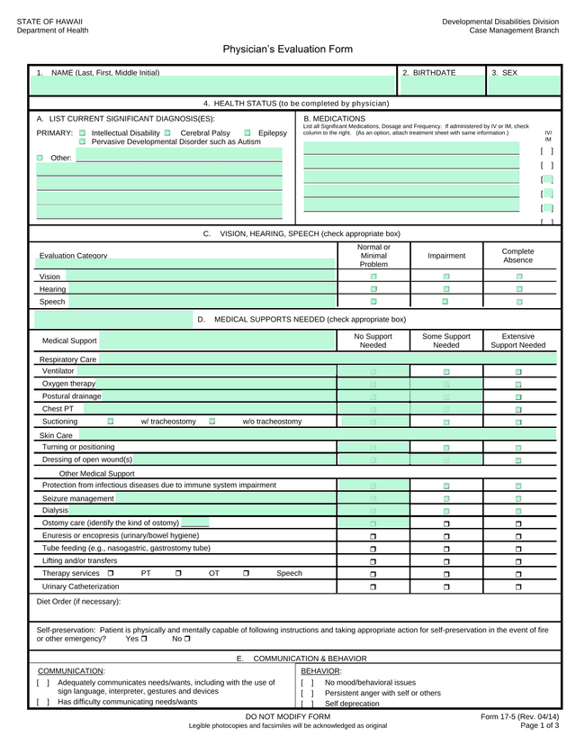 PhysicianS Evaluation Form screenshot