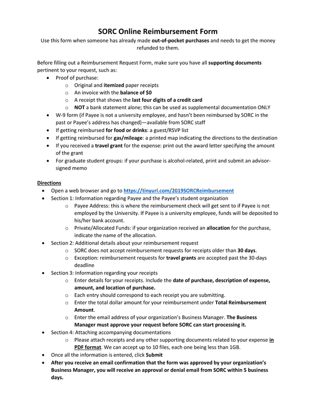 SORC Online Reimbursement Form screenshot