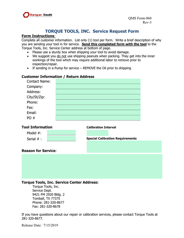 QMS Form 060 Service Request Form screenshot